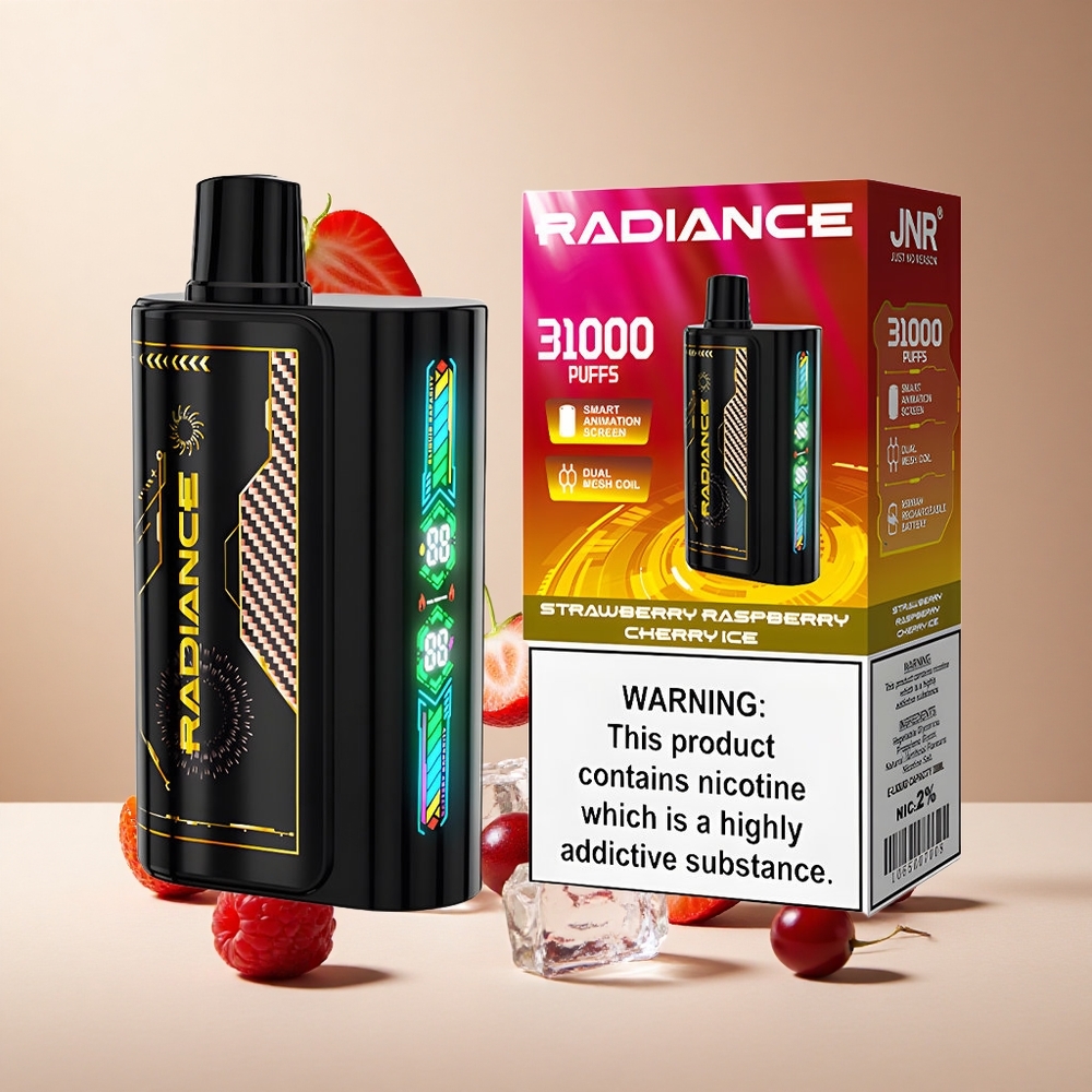 Fresa Frambuesa Cereza Hielo JNR Radiance 31000 Puffs Pantalla Inteligente Animada